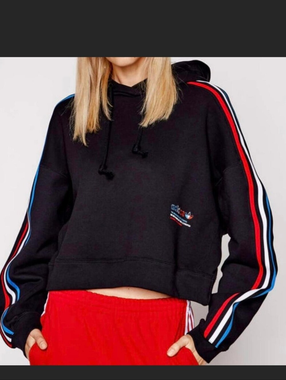 Adidas Originals Adicolor Tricolor Trefoil Crop Hoodie In Black NWOT